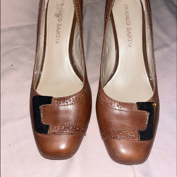 Franco Sarto Brown High Heel Pumps with Gold Buckle Accent - Picture 6 of 9